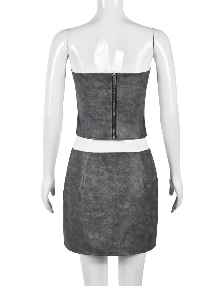 Weird Puss Sexy Leather Women 2Piece Set Summer Hipster Strapless TopIrregular Button Skirts Midnight Party Club Matching Suits 250321
