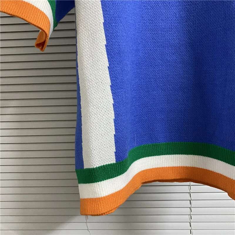 New HOUSE OF ERROR Football Suit Style Blue White Contrast Color Geometric Pattern Jacquard Polo Collar Man Short Sleeve Sweater