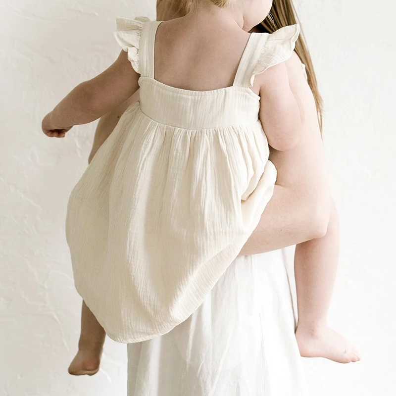 100% pure cotton plain weave girls white dress with lace summer new retro baby girl sleeveless ruffled shoulder straps Flowy princess dress TZ385 W250