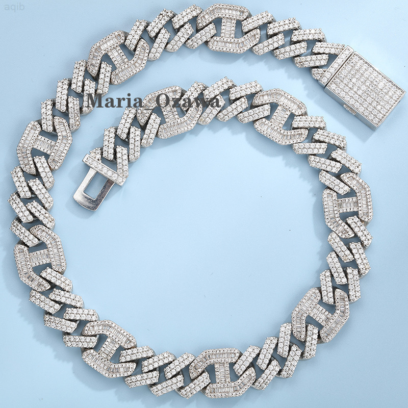 15mm Baguette Necklace Iced Out Diamond Hip Hop Jewelry Cuban Chain Link Sterling Silver Men Cuban Link Chain Necklace