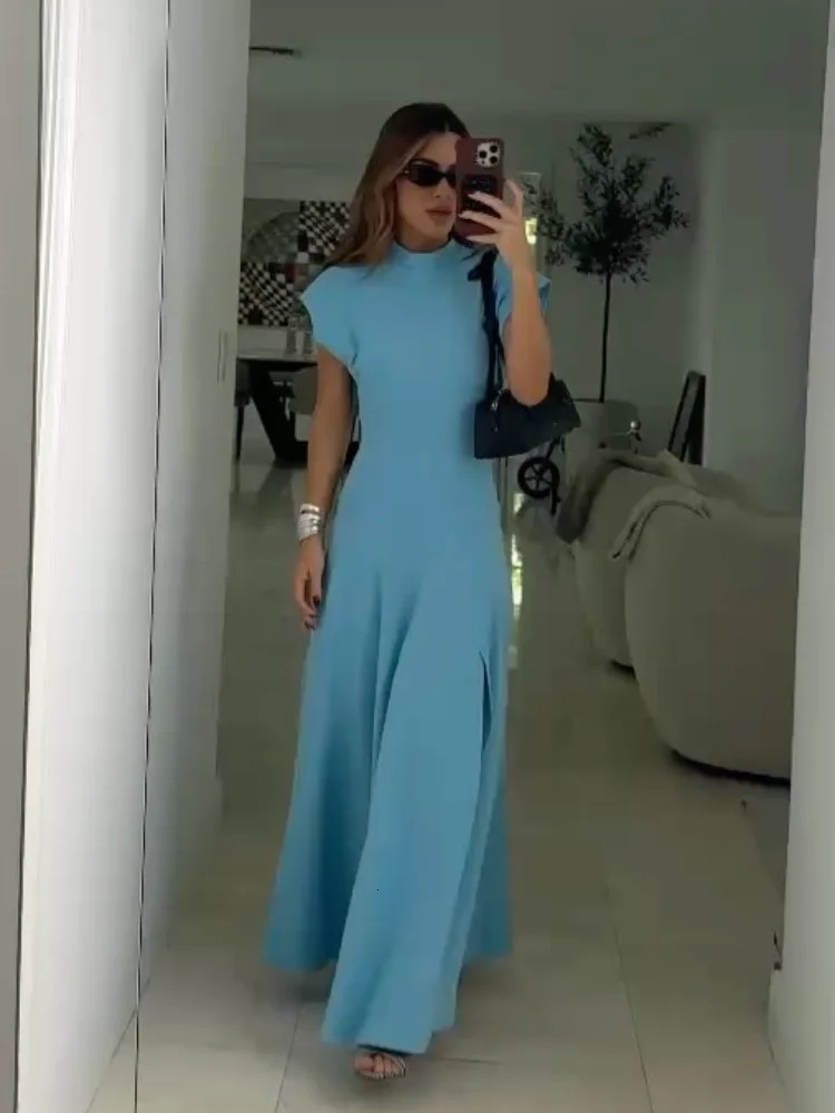 Chic Shoulder Pad Round Neck Solid Maxi Dress Women Elegant Sleeveless A-line Long Dresses Lady Fashion High Street Robes 250325
