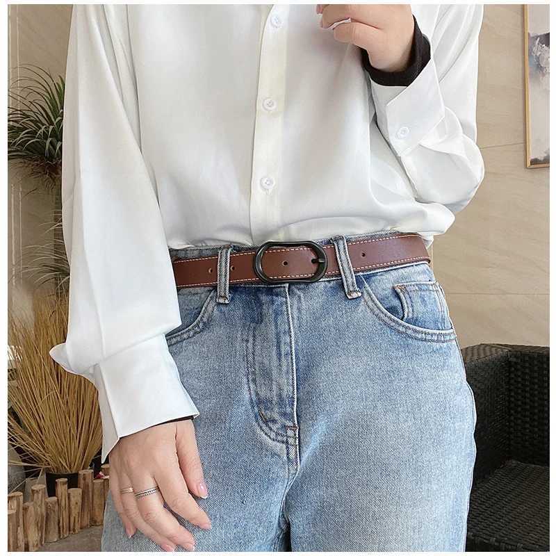 Vintage Womens Belt Soft Genuine leather Casual Jeans Belts Trendy Black Metal Buckle Skinny Belt for Dress Pants W250326