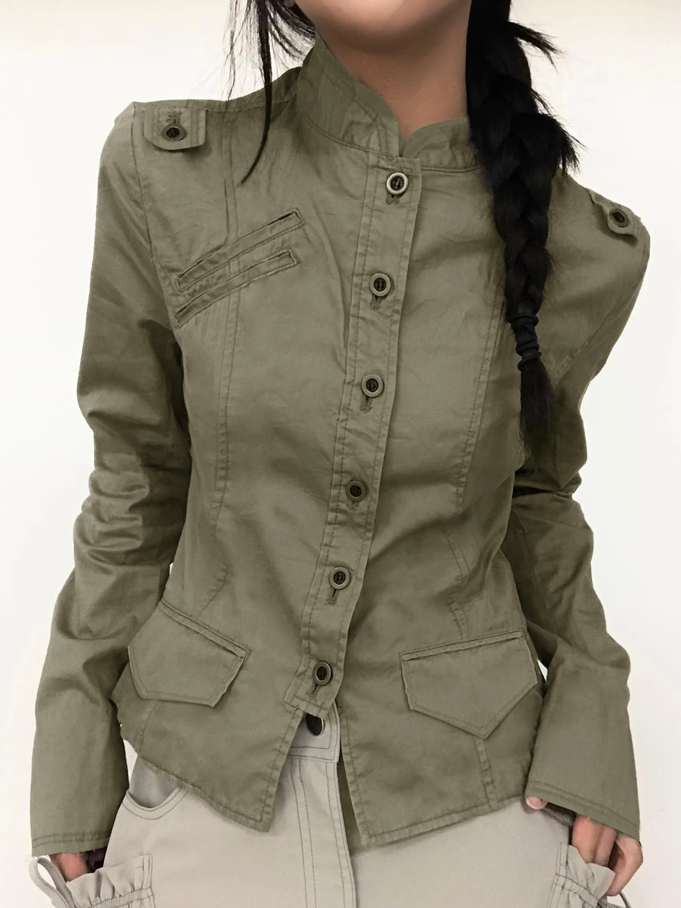 Retro green ultra-thin commodity jacket womens button up stand collar long sleeved autumn Korean fashion jacket 250321