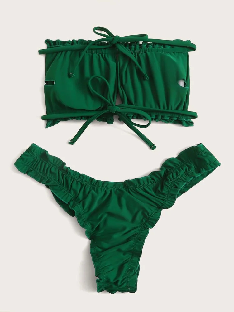 Swim Summer Beach Ruched Lettuce Trim Bandeau Bikini Set 250324