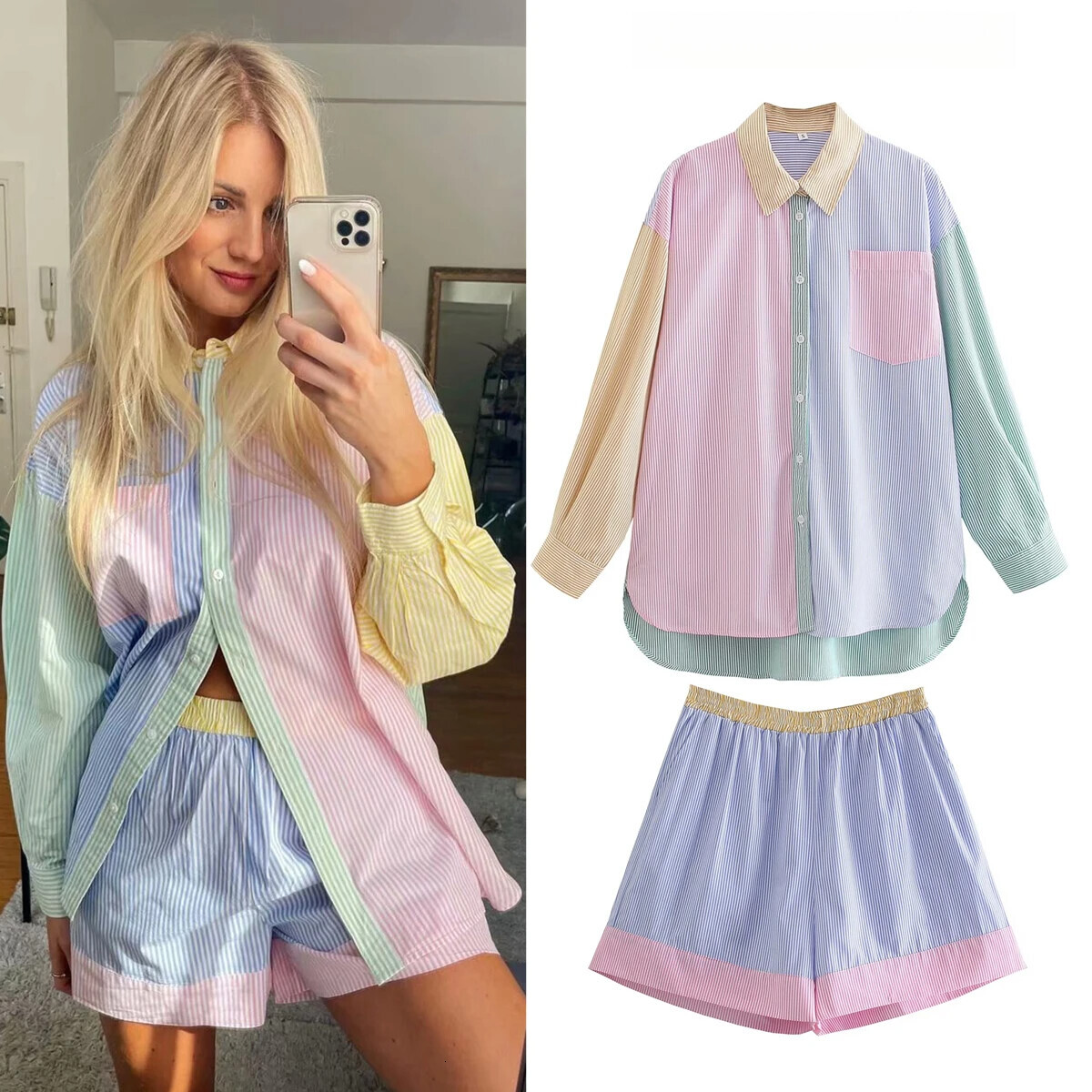 Women's Fashion Hit Color Striped Print Ladies Buttoned Casual Top Shorts Shirt Two-Piece Summer