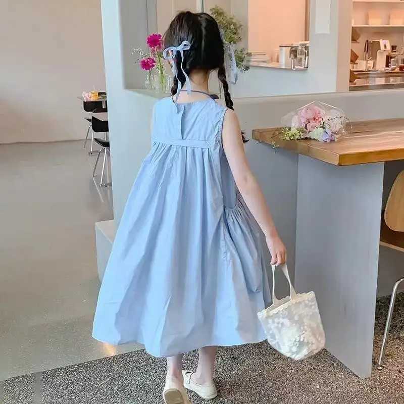 UNITIM Summer 2-12-year-old childrens and girls dress solid pleated sleeveless pocket childrens and girls dress cute loose teenage girls dress W250326