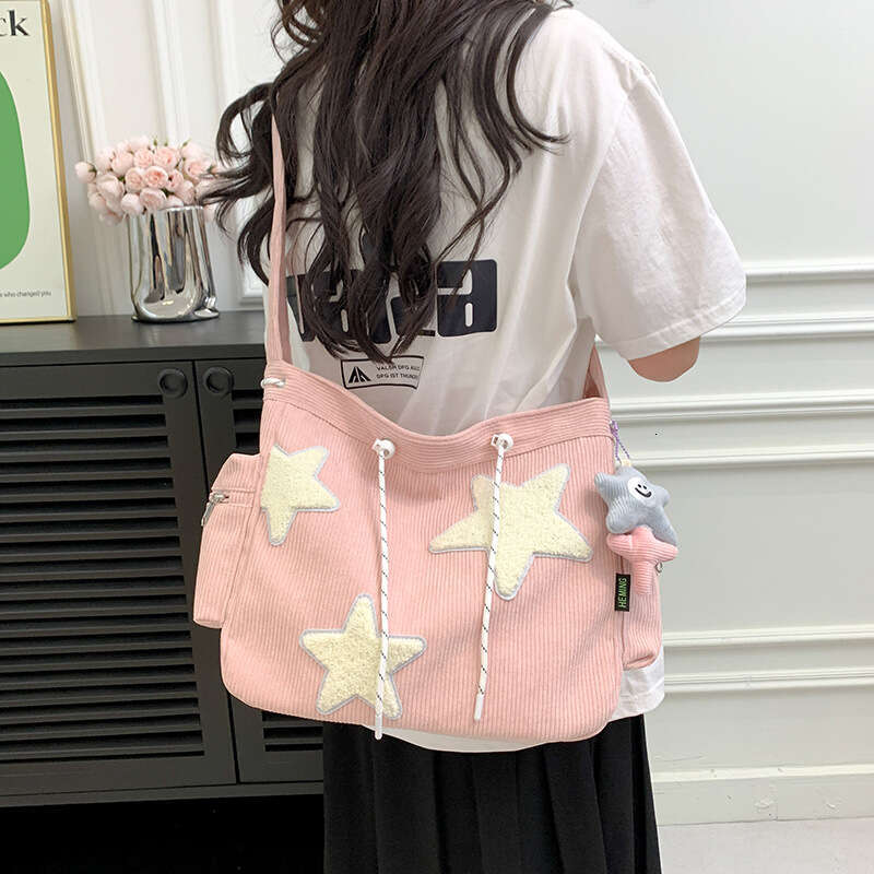 c8 Large capacity corduroy for women's one shoulder ins fashionable and versatile five pointed star crossbody cute student tote bag