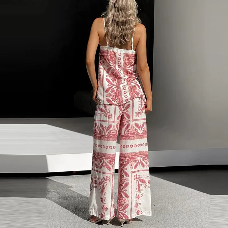 Sexy Off Shoulder Sling Top Long Pant Set Women Casual Sleeveless Loose 2Pc Outfits Fashion Patterm Print Bohemian Suits 250321