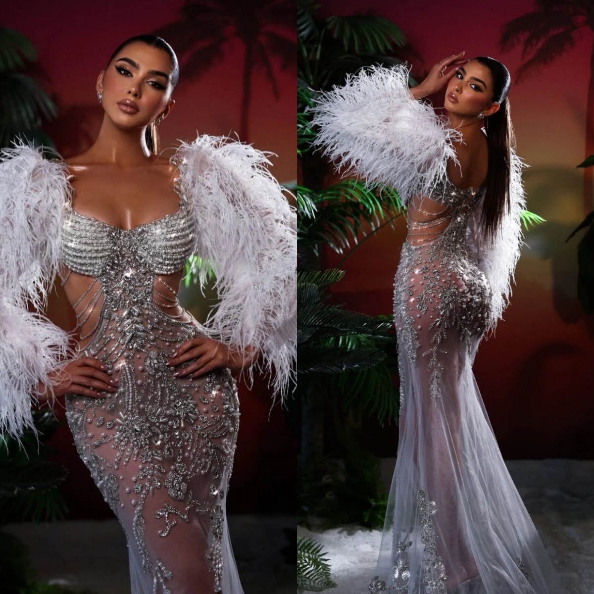 Sparkly Feather Wedding Dresses Crystal Pearls Beading Bridal Gowns See Through Mermaid Long Sleeves Customized Princess Sweep Train Bride Dress Vesti