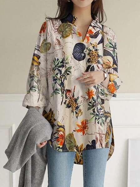 2024 long sleeved plus size cotton linen printed top, loose and trendy
