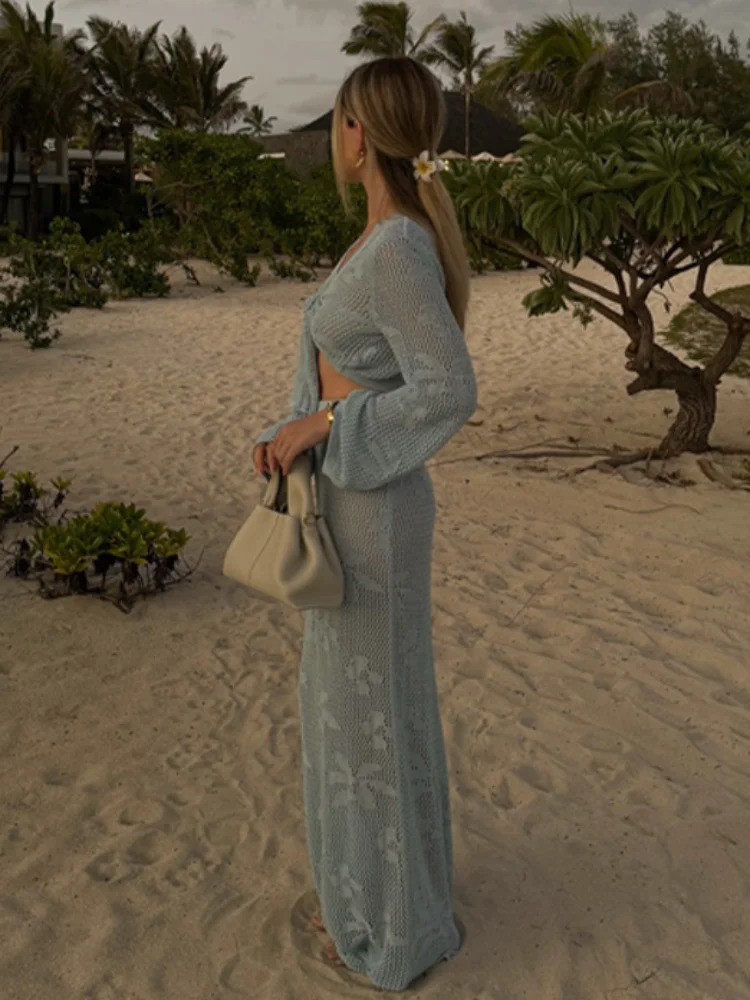 Women Elegant V Neck Full Sleeve Knit Lace Up Top Sets Chic High Waist Blue Print Slim Fit Long Skirt Suit Lady Beach Outfit 250324