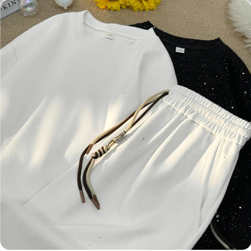 Short sleeved suit mens fashion diamond O-neck short sleeved T-shirt loose casual high street black drawstring shorts 2-piece set 250324