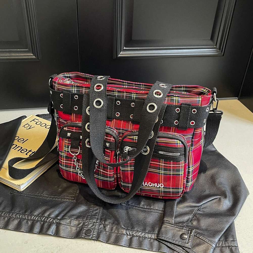 Designer Plaid Handbag Women Punk Shoulder Crossbody Bag Fashion Satchel Purse Queen Red Y2k Street For Travel Shopping 2025