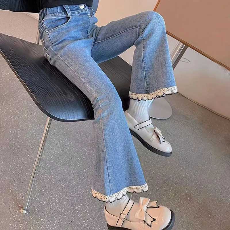 4-12Y autumn childrens jeans lace heart-shaped denim pants girls elastic waist solid pants casual boot cutT250326
