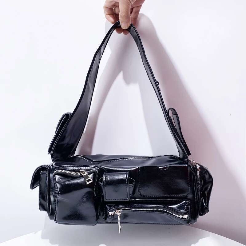 Moto & Biker Small Bag For Women Designer Handbag Purse 2024 New In PU Oil Wax Leather Multiple Pockets Underarm Shoulder