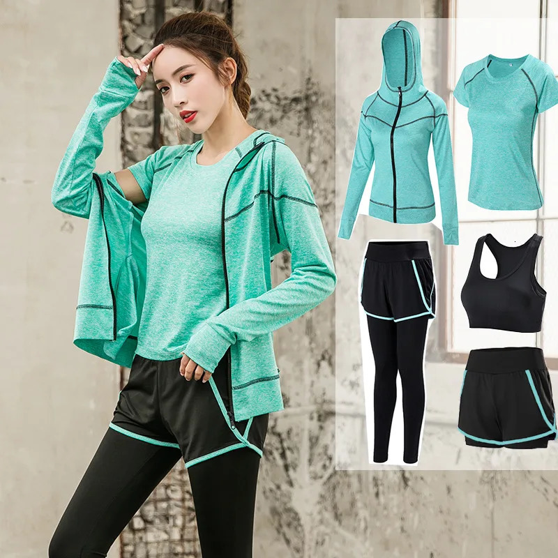 Sports 5pcs Set Women Sports Suit Yoga Tights Quick Dry Sportswear Workout Gym Fitness Tracksuit Clothes 250320