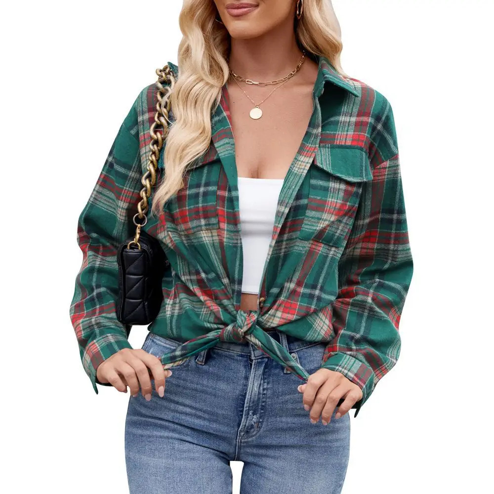 womens plain button top autumn loose warm long sleeved pocket casual shirt 250326