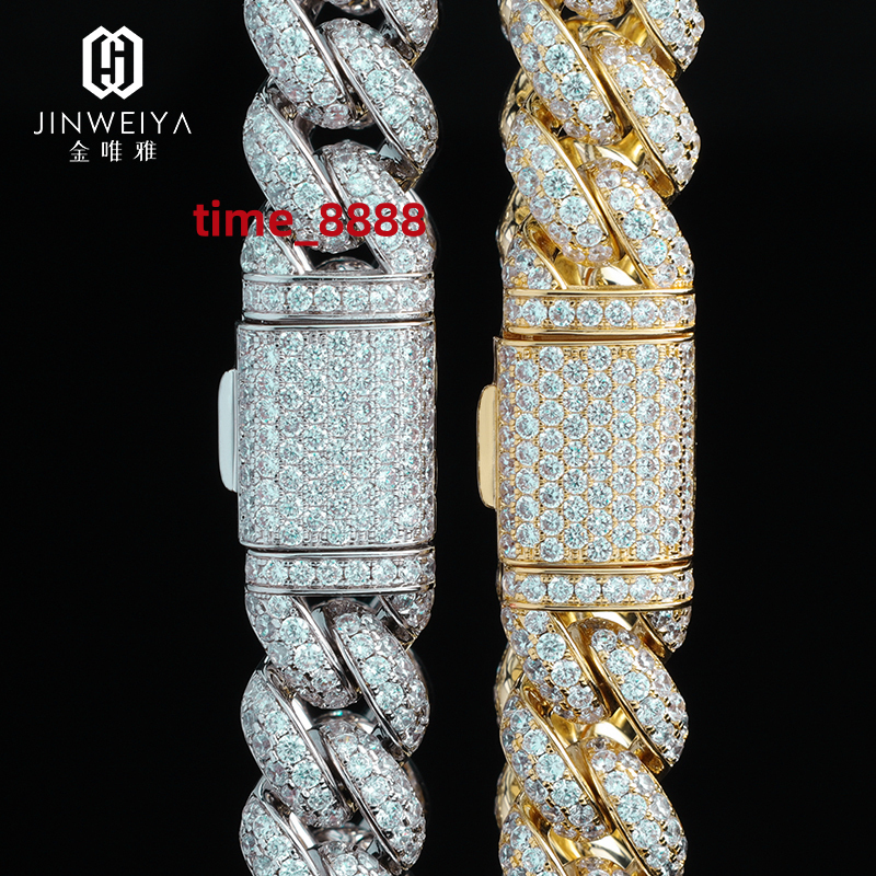 Hiphop Moissanite Jewelry High Quality Polish S925 Silver Micro Pave Two Rows 15mm Cuban Chains for Men