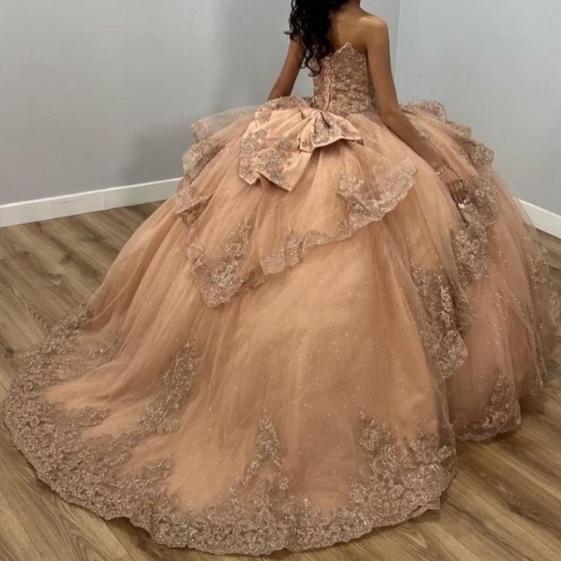 Mexico Champagne Shiny Off The Shoulder Ball Gown Quinceanera Dresses Appliques Lace Beaded Birthday Party Sweet 16 Dress vestidos de 15 anos