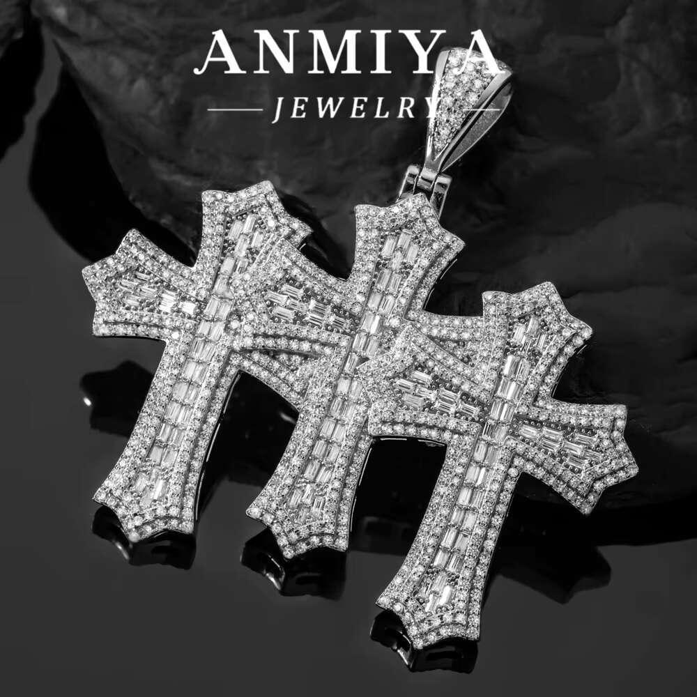 ANMIYA Custom Hip Hop Jewelry 925 Sterling Silver Solid Diamond Mens Moissanite Cross Pendant