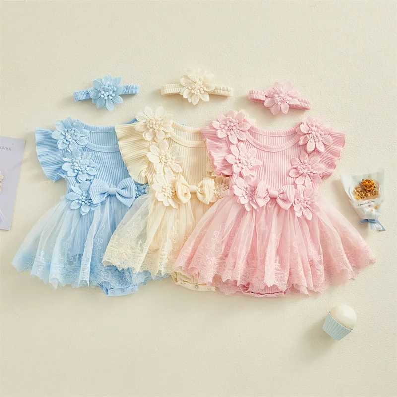 3D floral summer baby girl one-piece princess net newborn clothing lace splicing work ruffled tight fitting clothes headband childrens clothing W25032