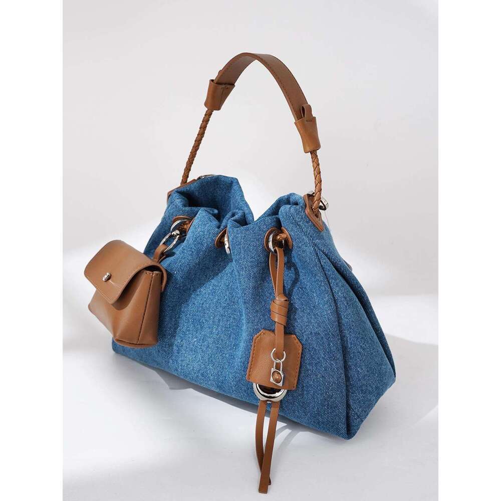 Women's Bags New Niche Design Denim With Genuine Leather Cloud Fashionable And Versatile Bucket Bag, Hand-Held Crossbody Bag For Women