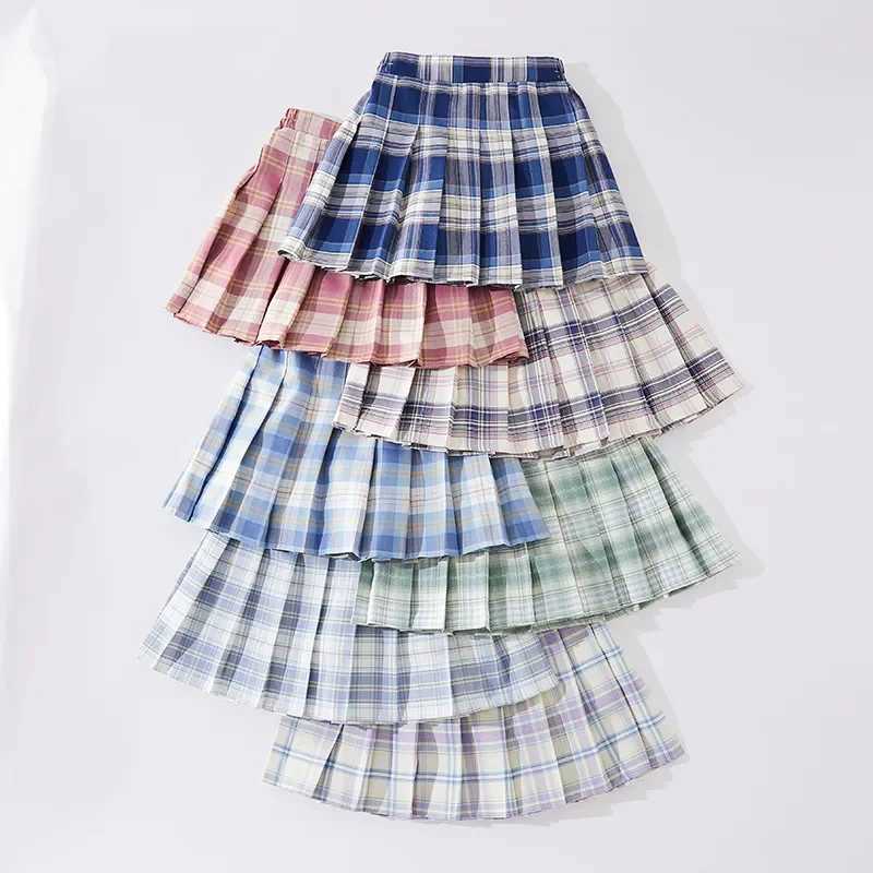 Girls Plaid Skirts Childrens School Uniform Preschool Pleated Tutu Blue Thin Slim High Waist Mini Skirts Childrens Clothing 2 to 13 Years OldT250326