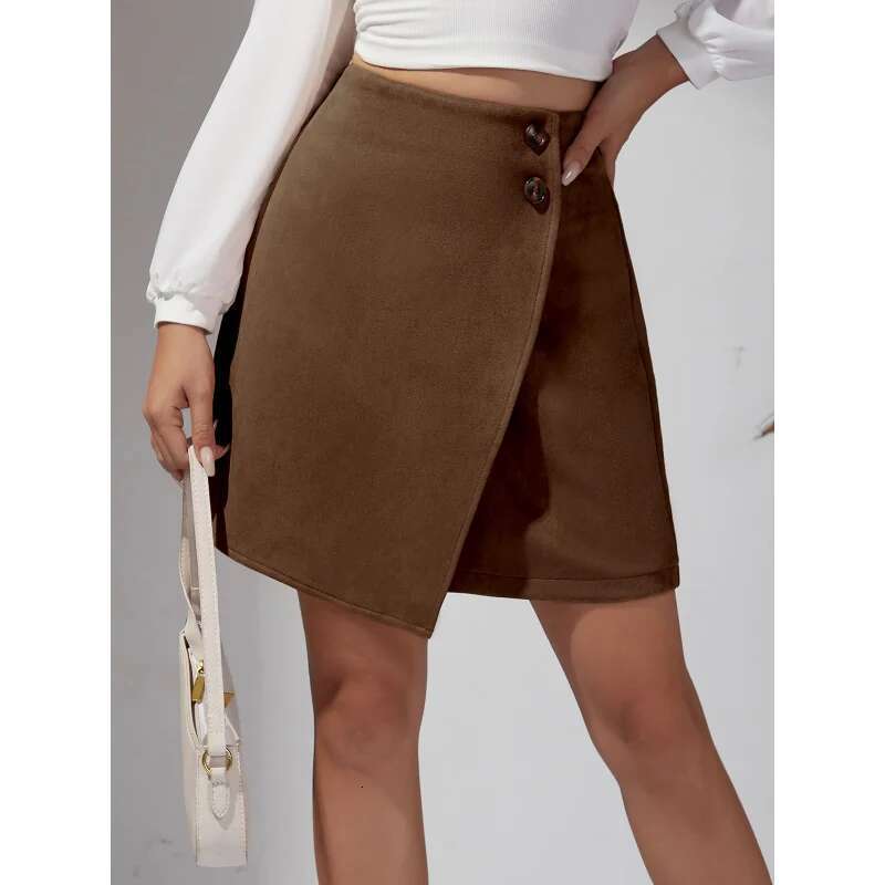 Dongdumaoyi Dames Herfst Winter Su De Asymmetrische Midi Rok Effen Kleur Hoge Taille Rits Knop Korte A