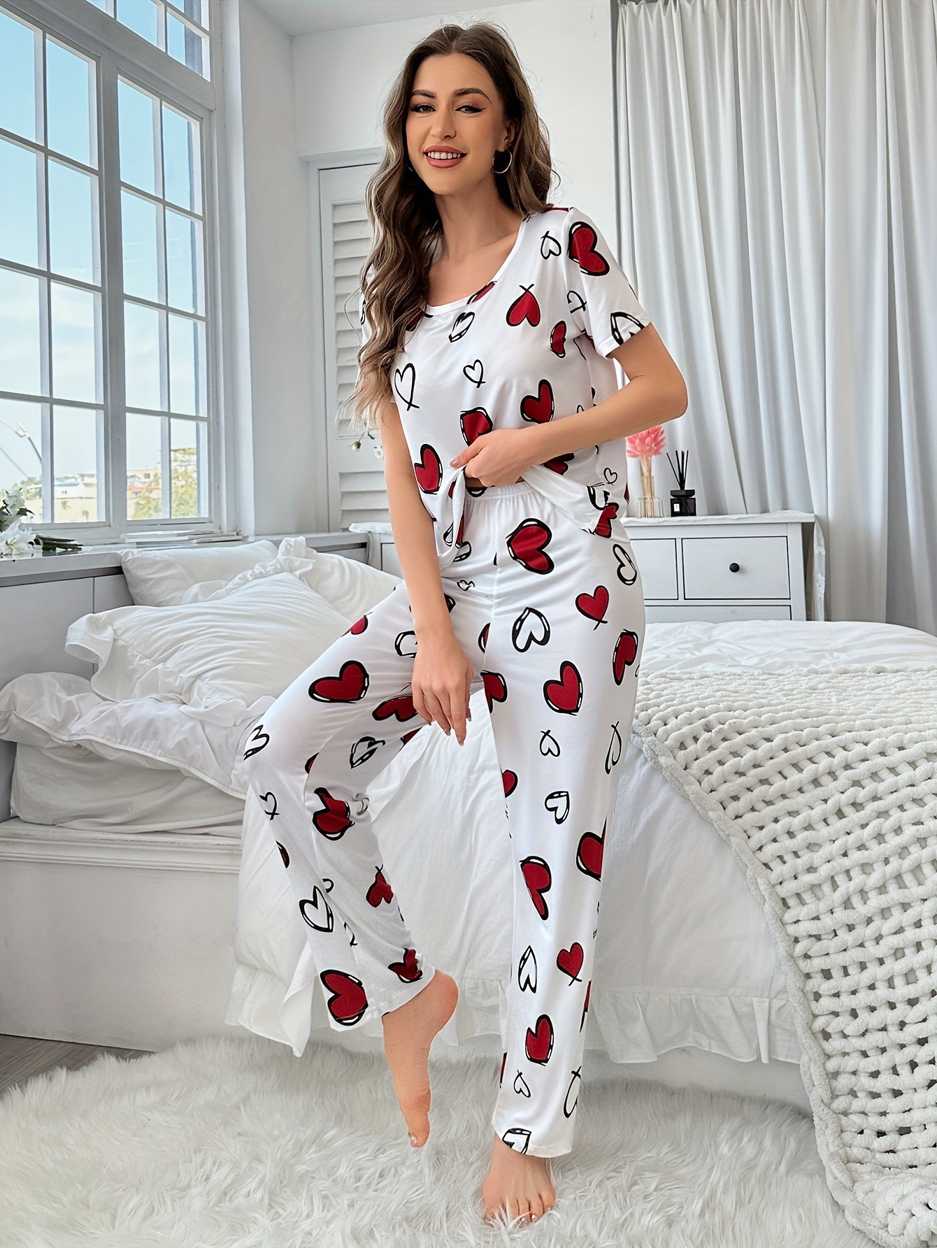 Spring/Summer New Women's Short sleeved Long Pants Home Fury Set Pamas