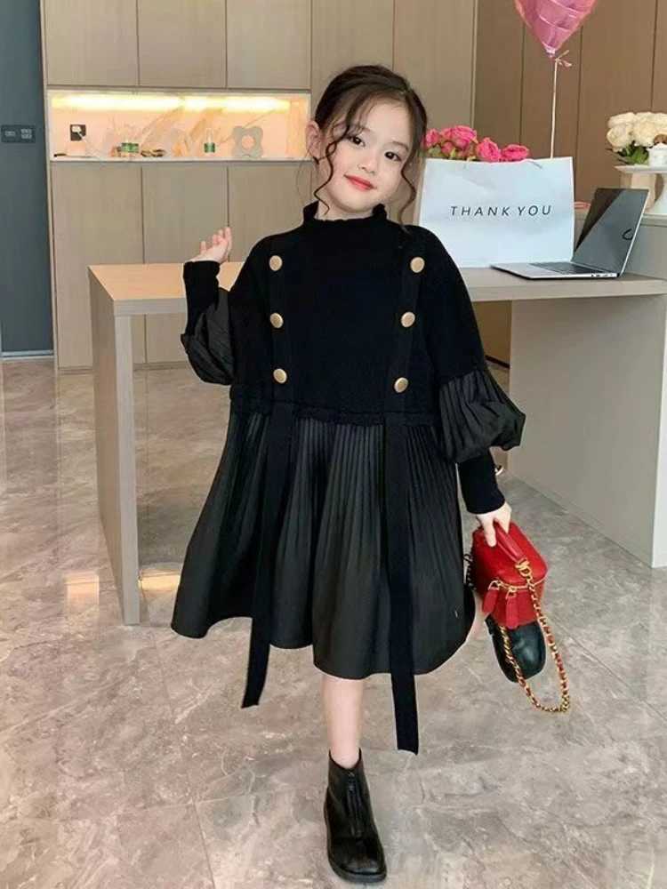 2024 Spring/Summer New Girls Dress Childrens Clothing Black Design Splicing Knitted Folded Dress W250326