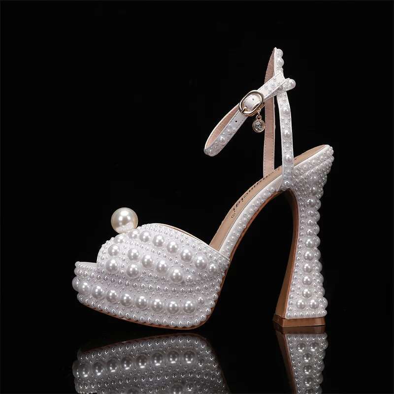 2024 Autumn New Fish High Slim Heels Shallow Mouth Water Dia Pearl Women's Single Wedding Shoes