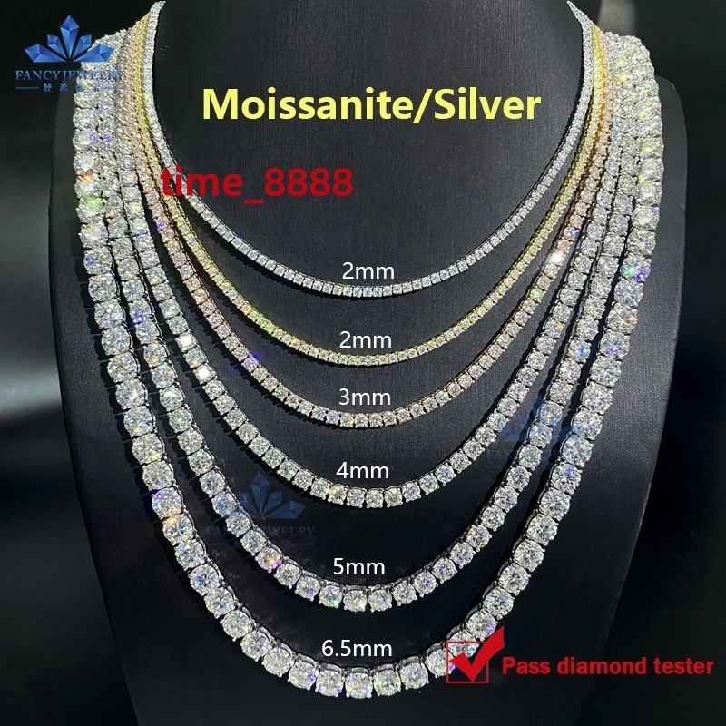 925 Silver Hip Hop Jewelry 2mm 3mm 4mm 5mm 6.5mm VVS Diamond Moissanite Necklace Moissanite Tennis Chain for Women Men
