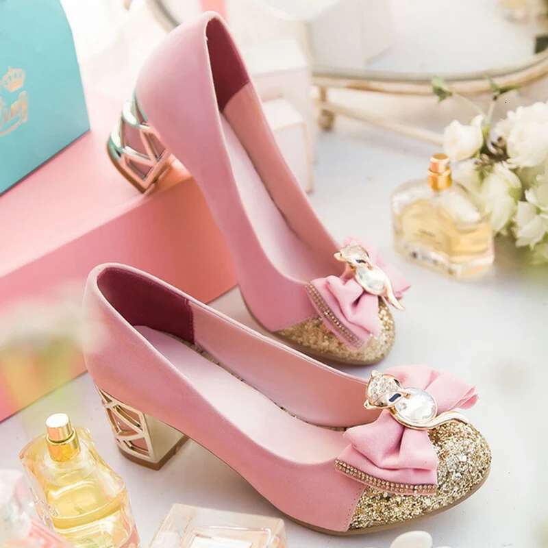 Crystal Low Heels Casual Women's Pumps Round toe Sweet Bow-tied Black Pink Blue Heeled Wedding Party Shoes Ladies
