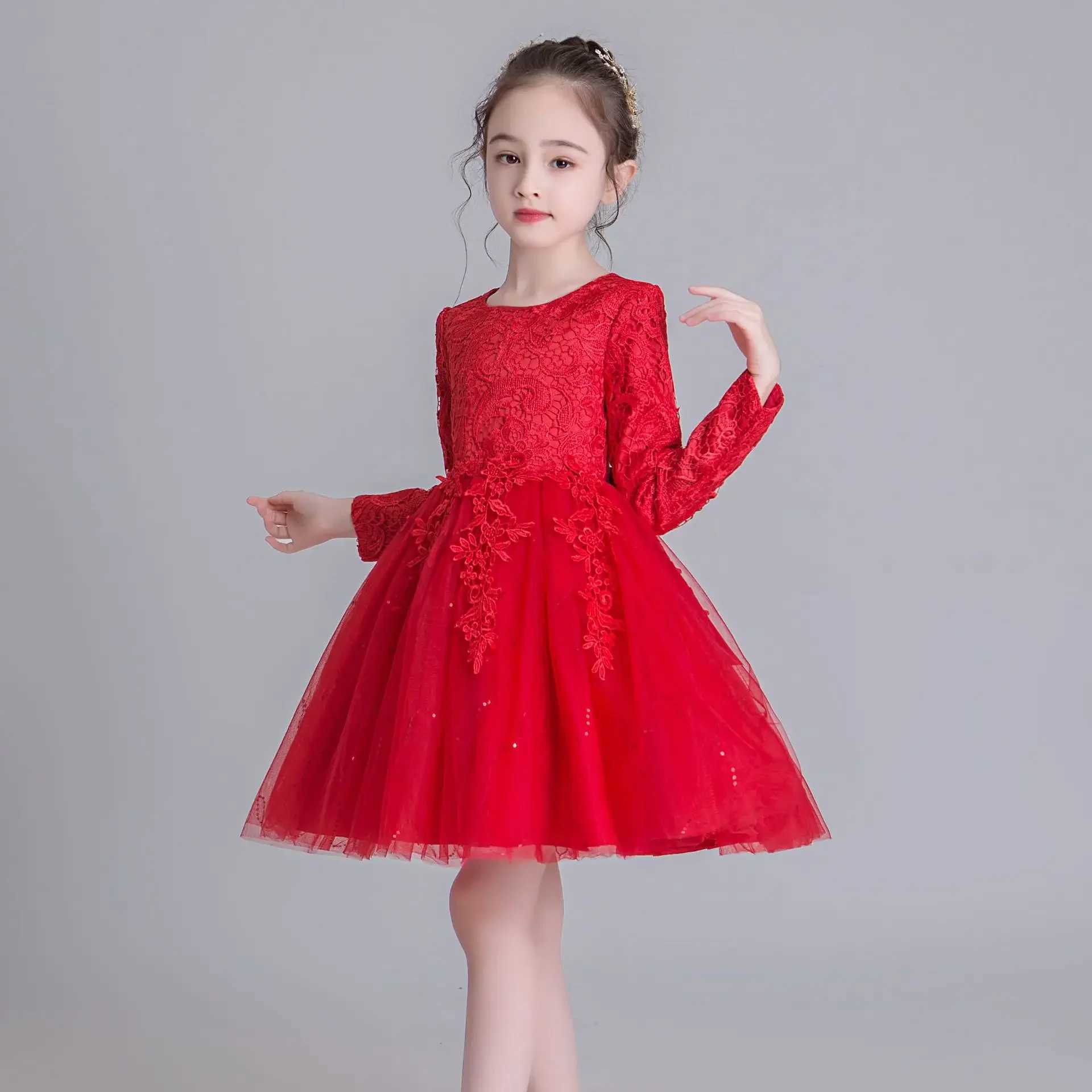 Fashion Flower Girl Dress for Weddings Lace Long Sleeve Childrens Bridal Dress Spring and Autumn Girls Par Dress 3-12 Years W250326