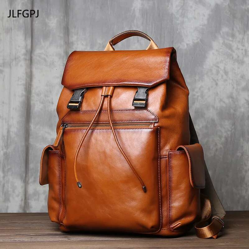 Solid Color High-Capacity Tree Cream Genuine Leather Backpack With Simple Drawstring Top Layer Cowhide 15 Inch Computer Bag