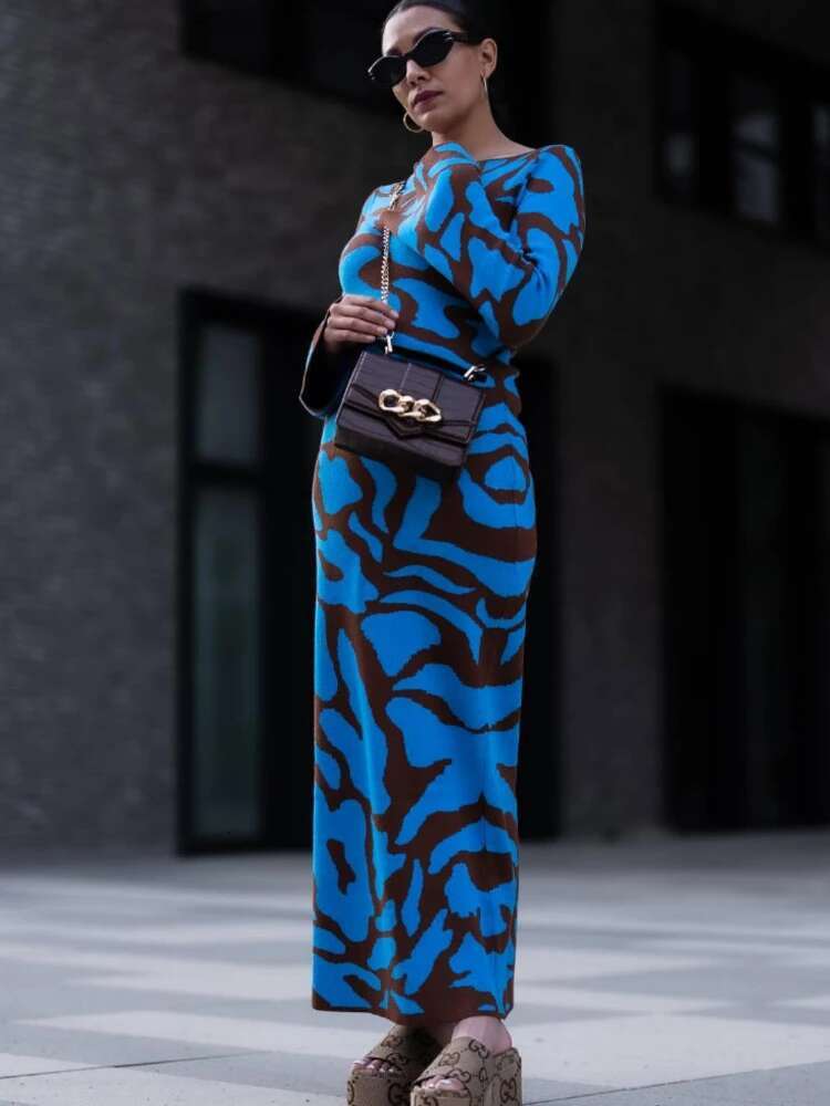 Autumn Knitted Bodycon Maxi Flare Sleeve Elegant Geometric Printed Party Dresses for Women 2023 Evening Club Long Dress