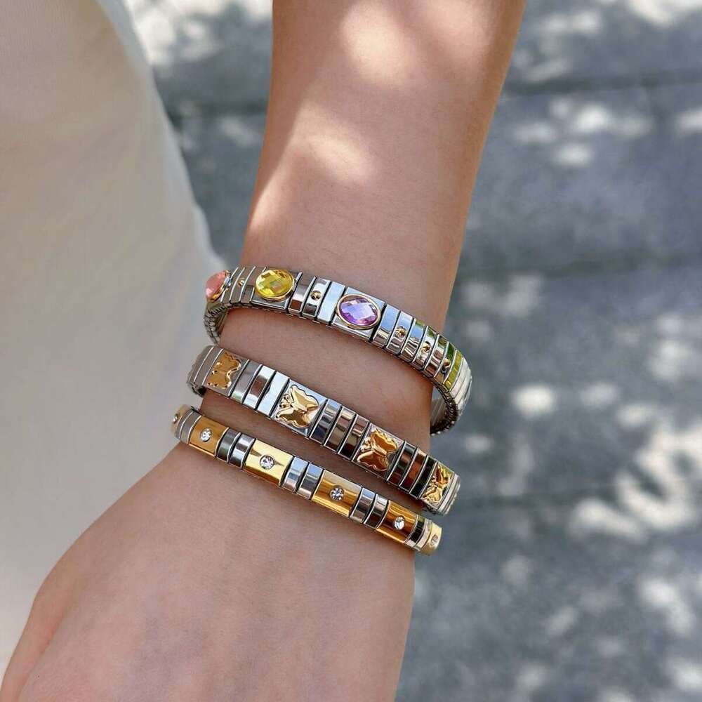 Ins Designer bracelet Sweet and cool niche non fading relief butterfly colored diamond moissanite geometric stainless steel elastic Luxurious jewelry 