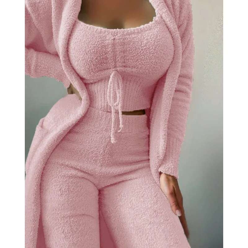 Women 3 Piece Homewear Autumn Winter Teddy Veet Crop Top Cardigan Coat + Pants Suit gerie Set Loungewear Outfits