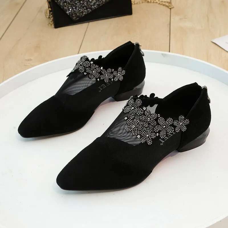 Women Mesh Ventilation Pointed Head Sandals Hollow Low-heeled Black Fashion Casual Ladies Sandales Female atos Mujer