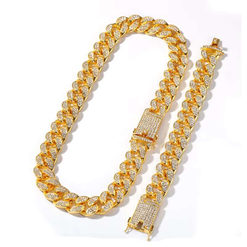 Hip-hop 20mm Full Diamond Mens Large Gold Chain Domineering Exaggerated Cuban Chain Necklace and Bracelet Hiphop RapAccessories