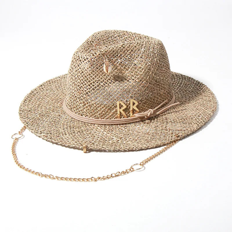 s European and American Style Pin Straw Hat Female Hollow Letter Sun Hat Fashion Metal Chain Sunshade Hat 250325