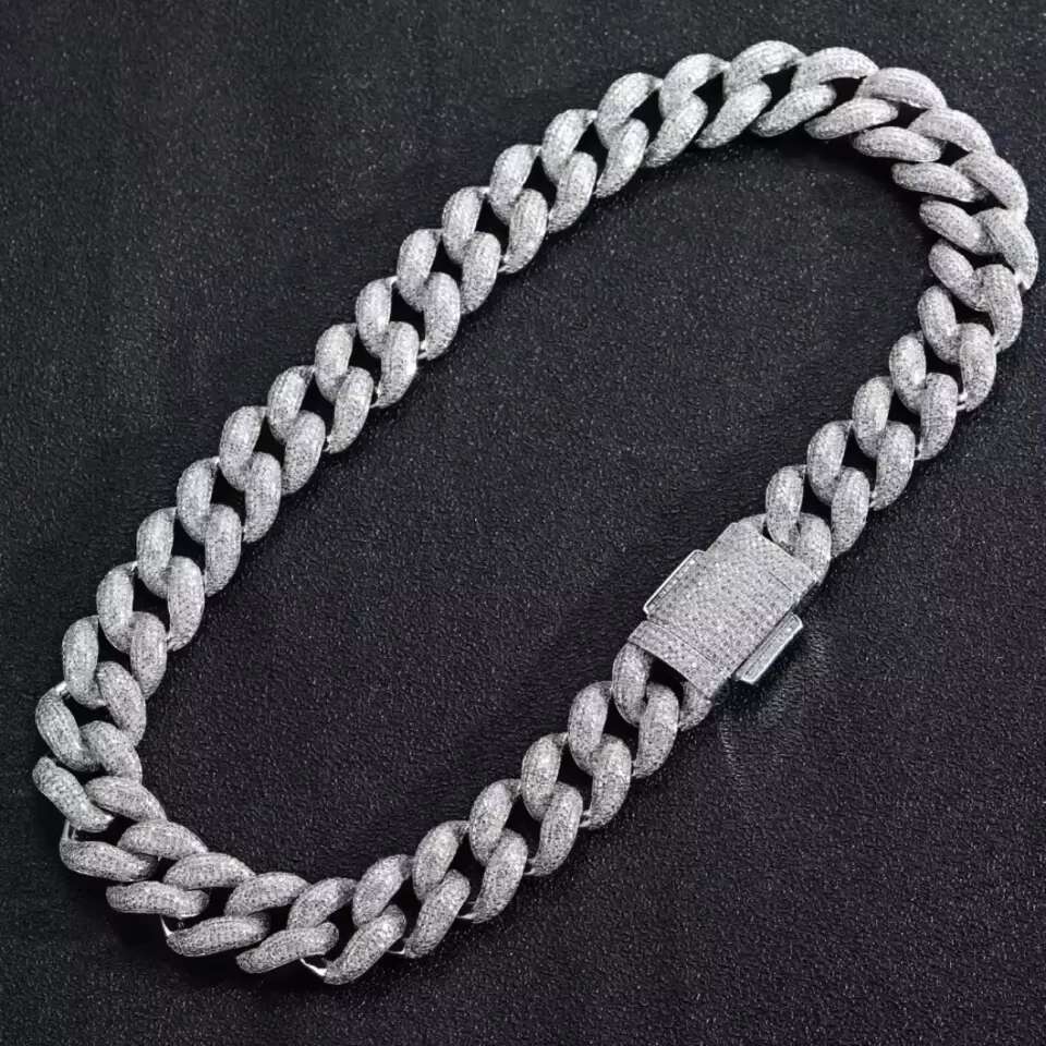 18mm Iced Out Cuban Link Chain 18K White Gold Plated Bling Moissanite Diamond Chain Available at Affordable Prices