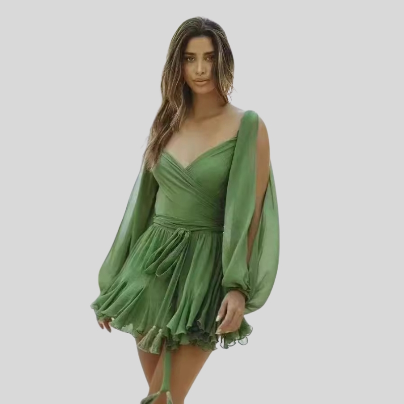 Spring Women's Dress Sexy Spice Girl Hollow Lantern Sleeve V-Neck Off-Shoulder Dress