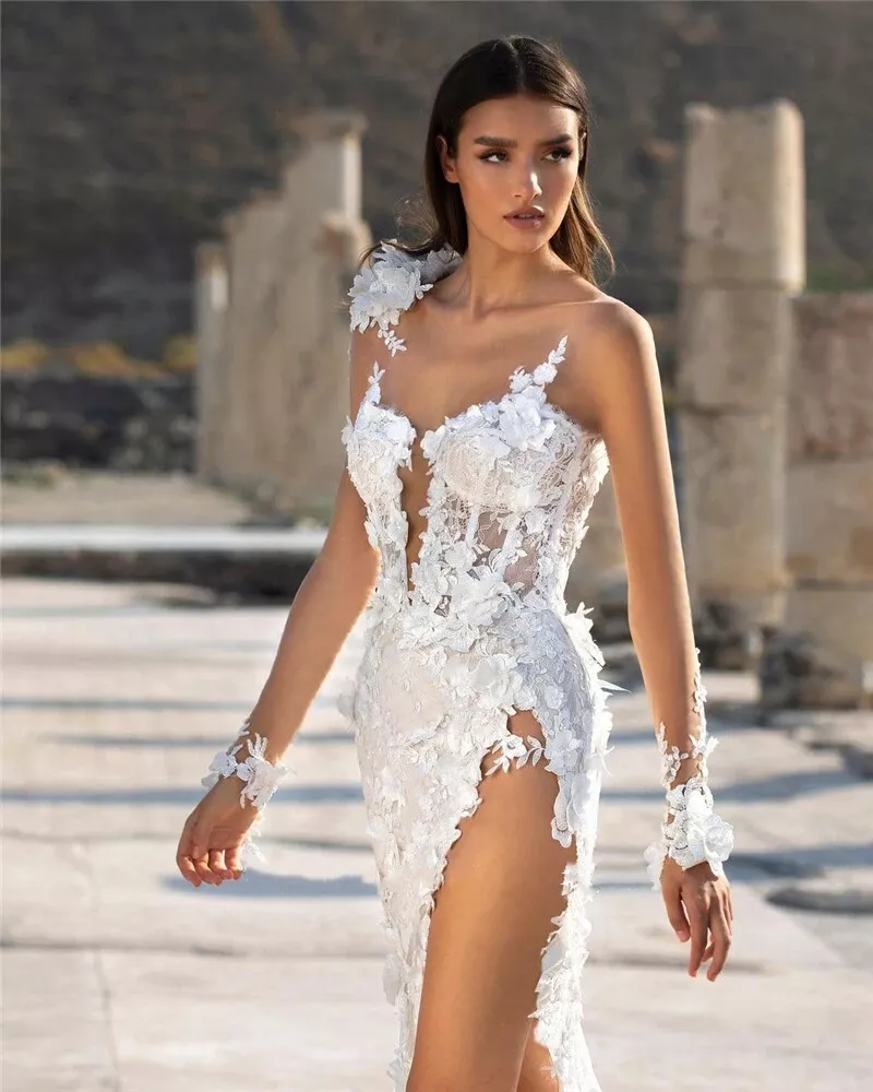 Sexy Backless Beach Wedding Dresses Side High Slit Lace Long Boho Bridal Gown With 3D Floral Appliques Transparent Full Sleeves Illusion Vestido De No