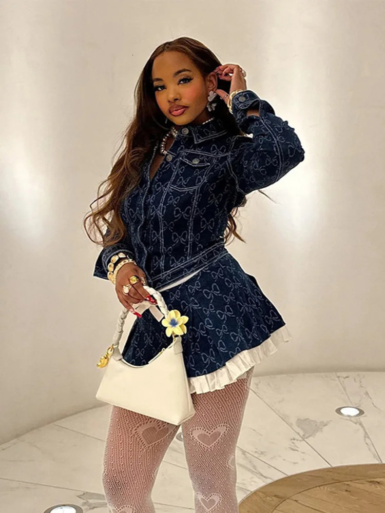 Fashion Denim Jacket Womens 2-Piece Set Lapel Bow Printed Long Sleeve Tops Jeans Patchwork Ruffle Hem Mini Skirts Lady Outfits 250321