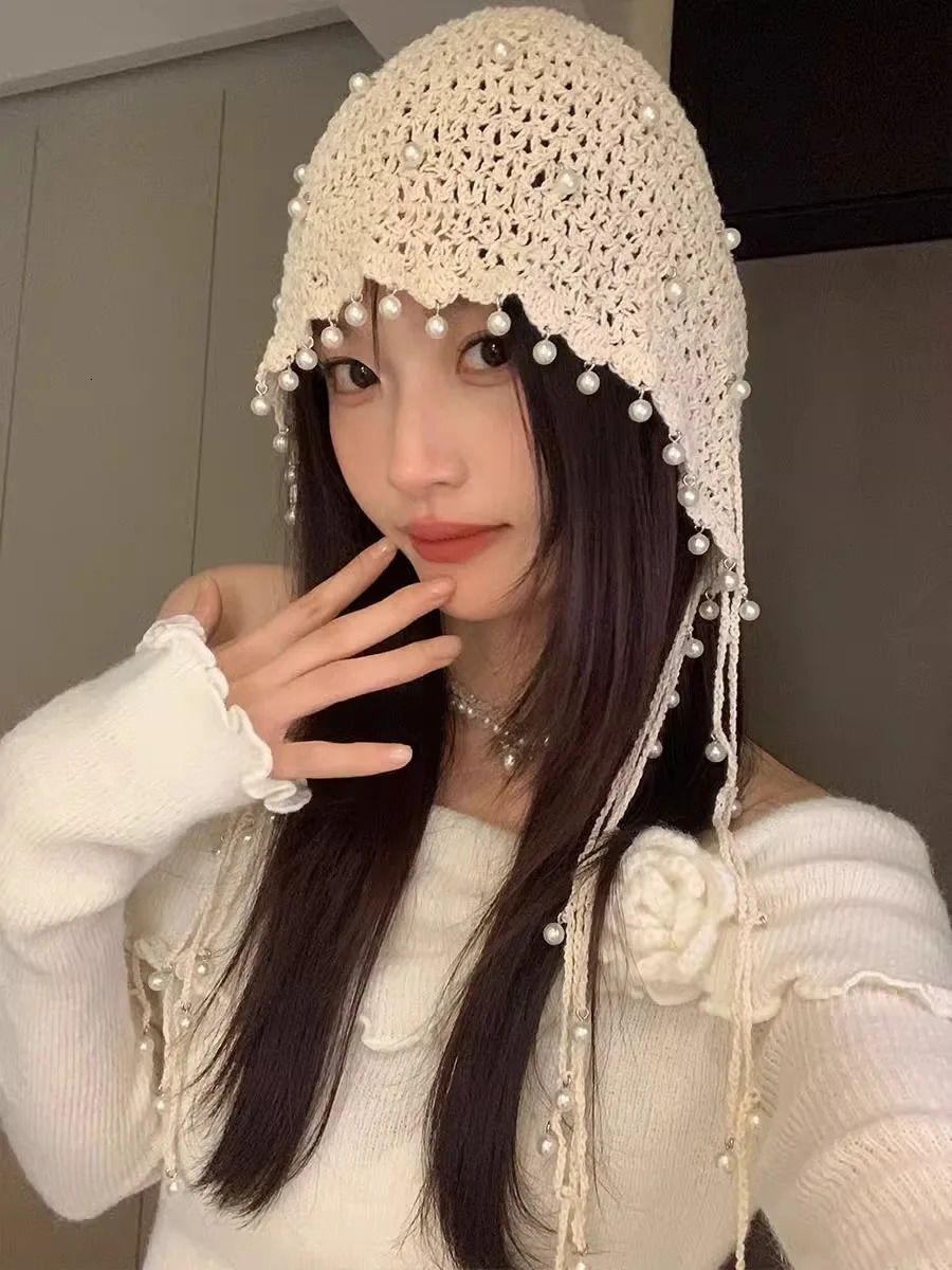 Bohemian Woven Hollowed-Out Baotou Hat Ladies Summer Thin Breathable Pearl Tassels Adorn Ethnic Wind Pile Hat 250321