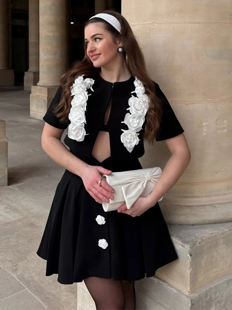 Spring and summer two-piece womens fashionable 3D floral short sleeved crop top high waisted A-line mini skirt retro womens set 250321
