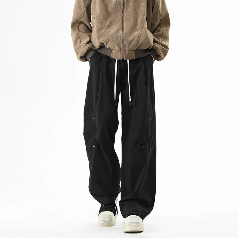 Mens Sold Cargo Pants High Street Rivet decorative Comfortable Loose Fit Wide Leg Pants Man Workwear Drawstring Waist Trousers 250321