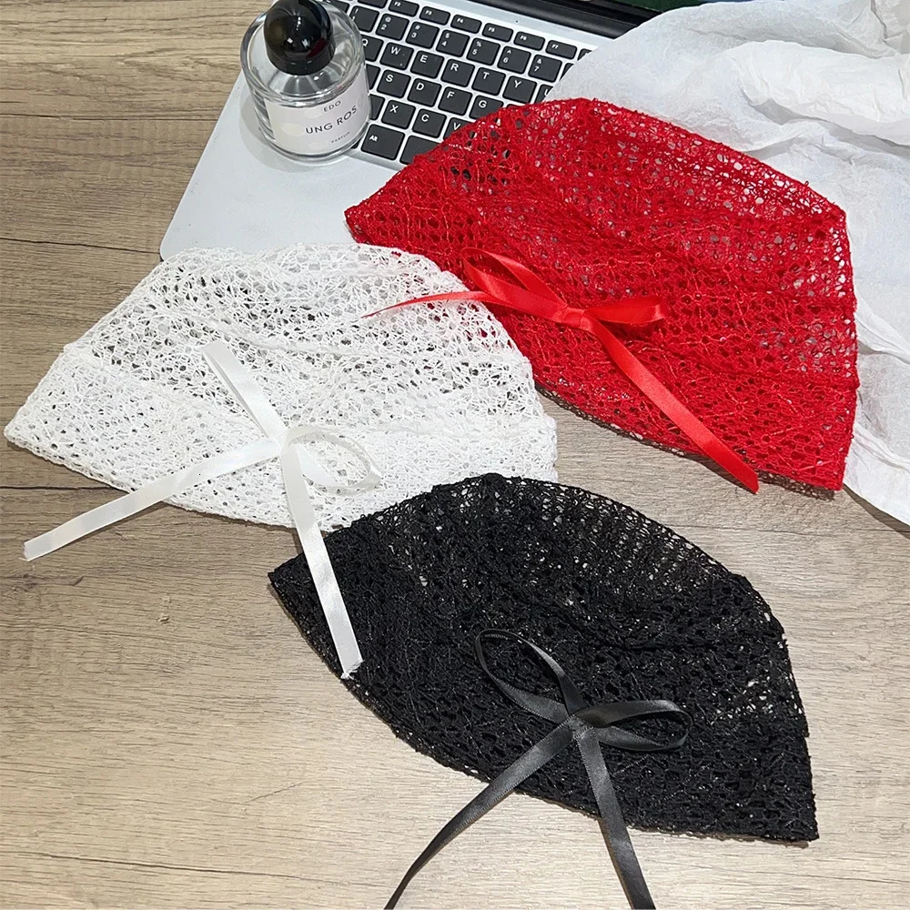 Y2K Black Lace Bow Beanies Caps Solid Hollow Knitted Hat Korean Girls Lace Beret Cap Fashion Breathable Skullies Turban Caps 250321