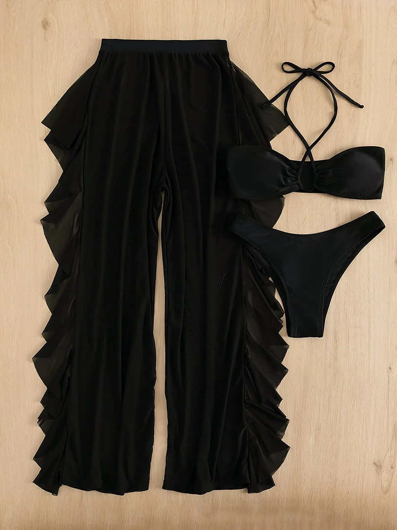 Plain Criss Cross Halter Bikini Set With Ruffle Pants Bandeau Swimsuit Women White Swimwear Female Bathing Suit Black 250324